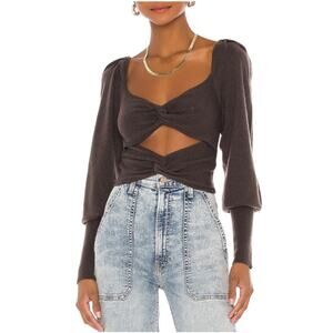 LPA Puff Sleeve Knotted Cropped Sweater Gray Size Small